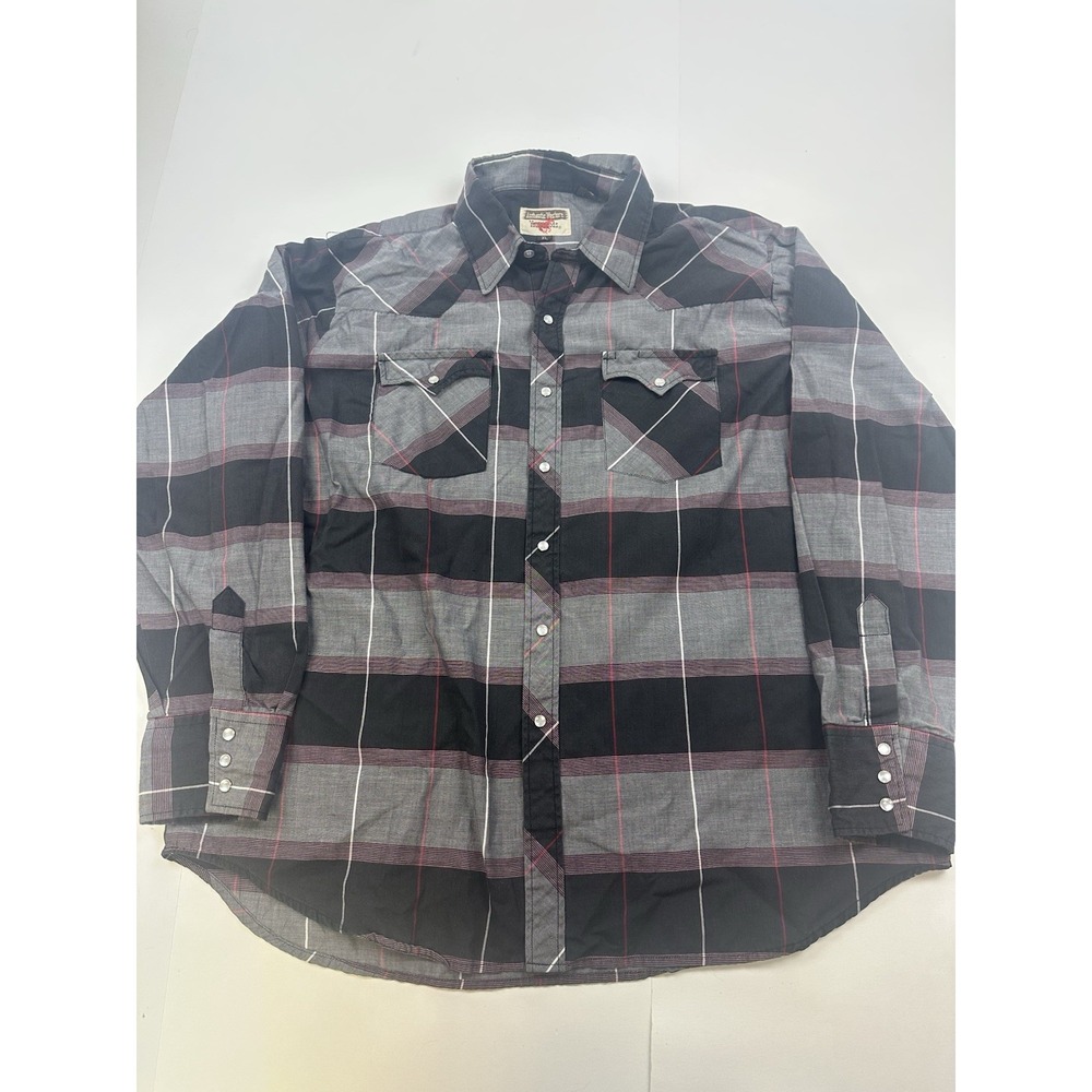 Youngbloods Black Plaid Western Cowboy Pearl Snap Mens Shirt Adult XL